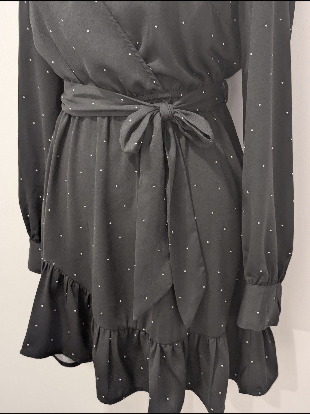Dynamite Long Sleeve Mini Wrap Dress with Polka Dots - Black & White - Picture 6 of 14